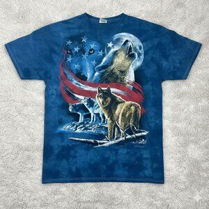 Liquid Blue Tie Dye Wolf American Flag Short Sleeve Graphic Tee Size Lar…